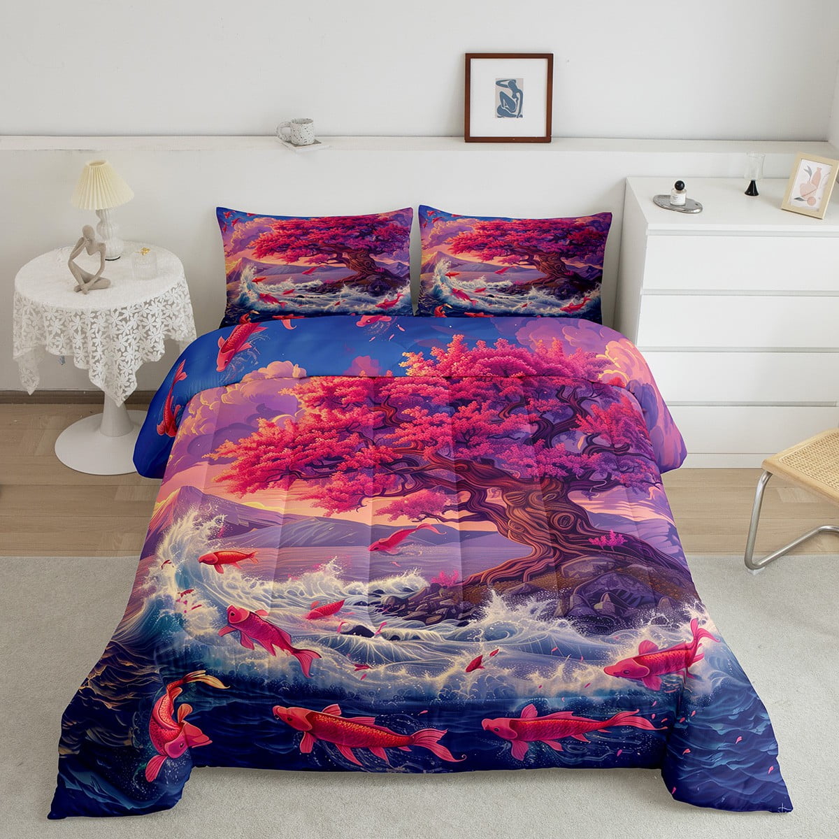 Red Koi Bedding Queen Size Japanese Style Comforter Set Queen, Cherry ...