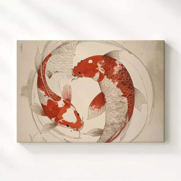 Red Koi Circle Wall Art Minimalist Yin-Yang Ink Harmony Art Modern Art Home Decor Office Wall Art