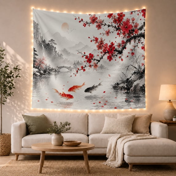Red Koi Fish in Misty Mountains with Cherry Blossoms, Serene Japanese Inspired for Zen Art Lovers, Peaceful Nature Wall Decor, Housewarming Gift Tapestry Wall Hanging for Bedroom and Living Room
