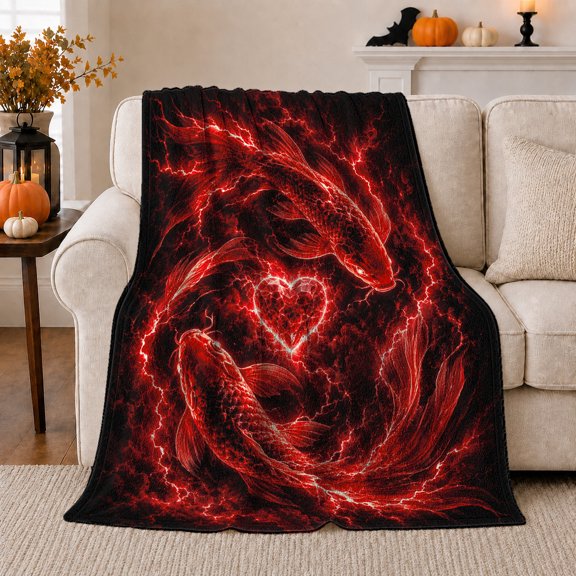 Red Koi Fish Yin Yang Heart Lightning, Dramatic Gothic Scene, Warm Flannel Blanket for Living Room and Bedroom, Art Lovers Valentine's Day Gift, Gothic Home Decor