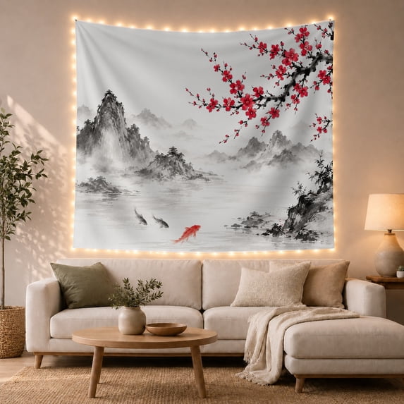 Red Koi in Misty Mountain Lake with Cherry Blossoms, Serene Japanese Inspired for Zen Decor Lovers, Nature Wall Art, Housewarming Gift Tapestry Wall Hanging for Bedroom and Living Room