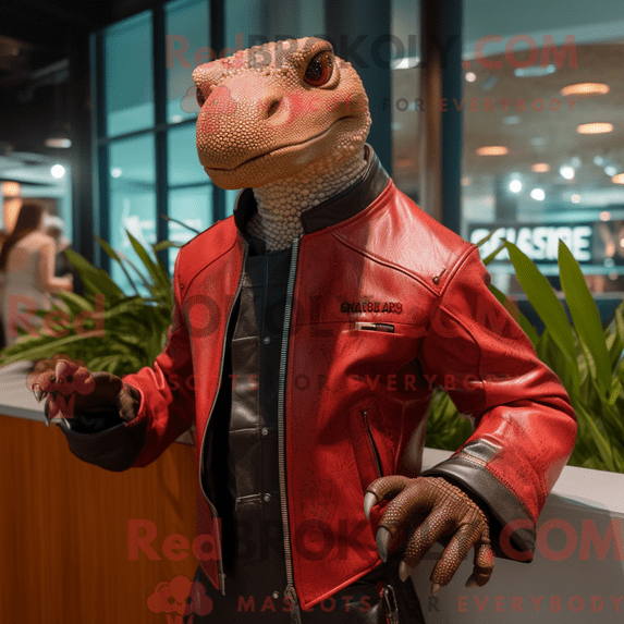 Red Komodo Dragon REDBROKOLY mascot costume character dressed with a Leather Jacket and Cufflinks