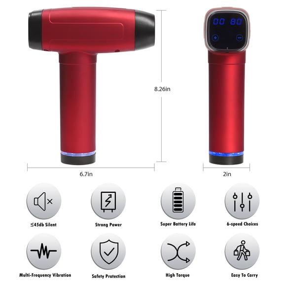 Red LCD Display Deep Tissue Massage Gun, 6-Speed Percussion Muscle Massager with 4 Heads for Pain Relief and Recovery