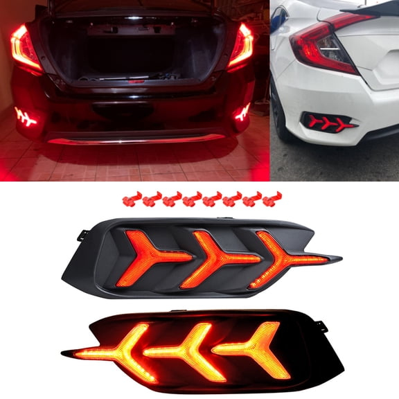 Red LED Bumper Tail Brake Light Lamp Fishbone Design Y LED Style Compatible with 2016-2020 2021 Honda Civic LX EX Touring Sedan - Sequential Turn Signal, Brake & Running Lights
