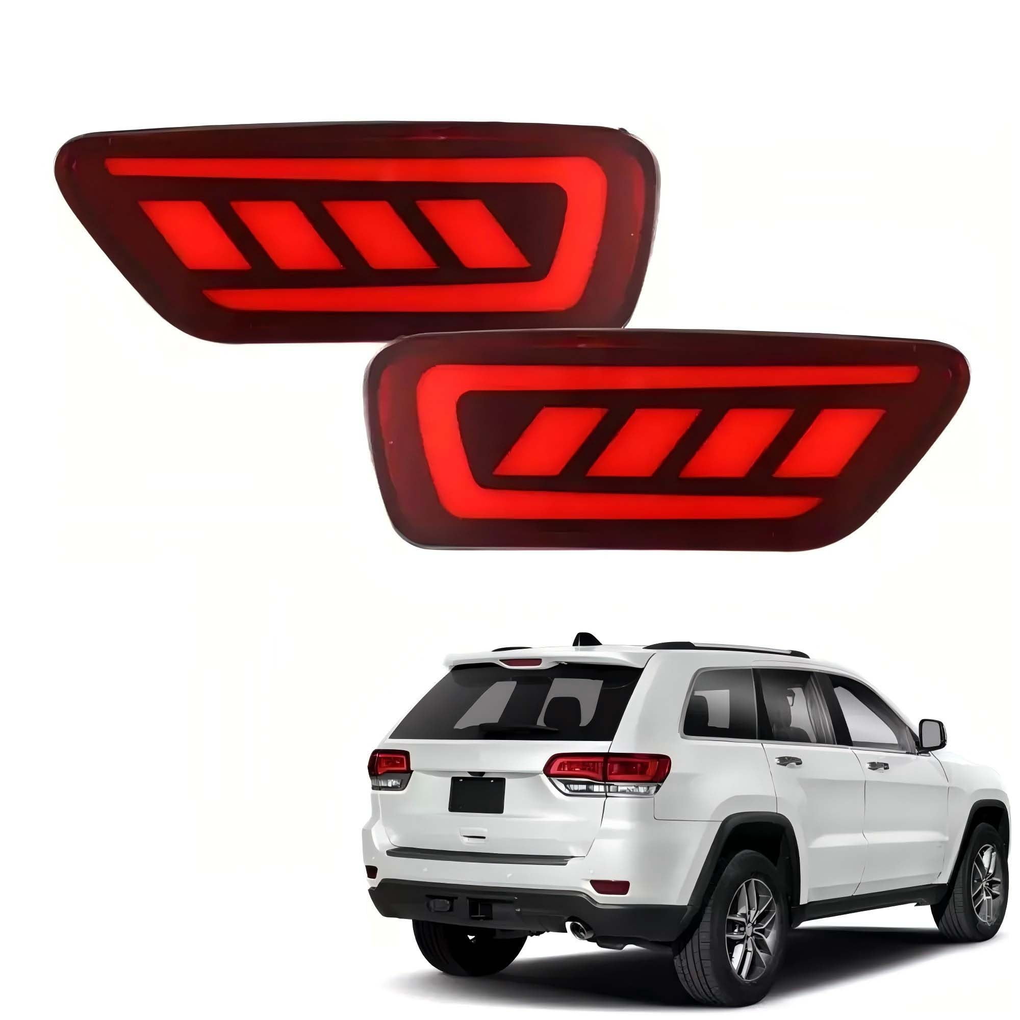 KAPAMZ Red LED Rear Bumper Reflector Lights With Turn Signal For 2011-2021 Jeep Grand Cherokee – Pair Left & Right