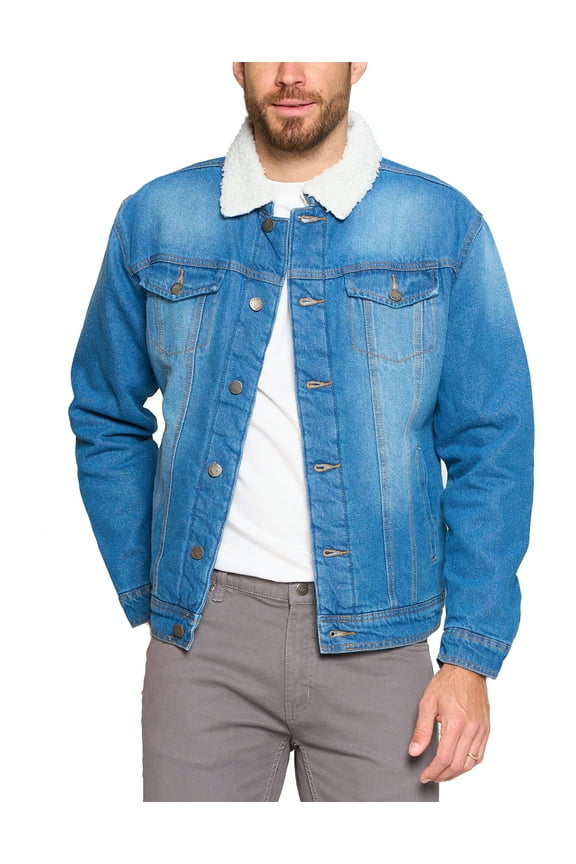 Red Label Men’s Classic Sherpa Lined Cotton Denim Jean Button Up Trucker Jacket (Dark Blue, S)