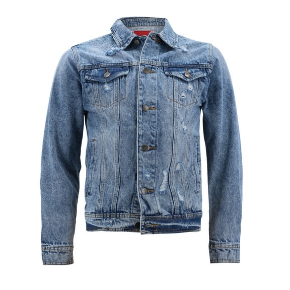 Red Label Men’s Premium Casual Faded Denim Jean Button Up Cotton Slim Fit Jacket (Medium Blue Distressed, XL)