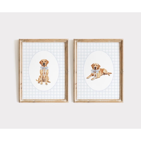 Red Labrador Retriever Fox Lab Dog Blue Gingham Bow Woodland Nursery Poster, Set 2, Poster Only