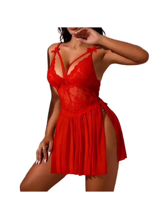 Red Lace Babydoll Set for Women Deep V Plunge Sheer Mesh Chemise Sleepwear Nightgown with Matching Panty,Size M