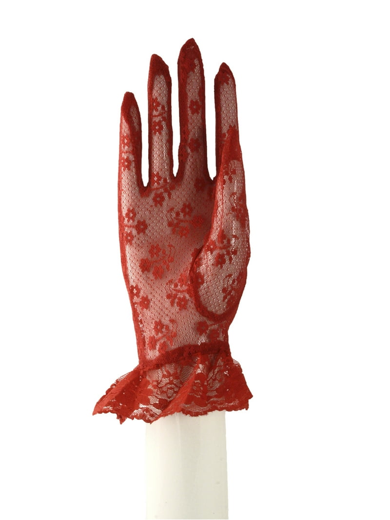 Red Lace Gloves with Wrist Ruffle Dressy, Wedding, Church