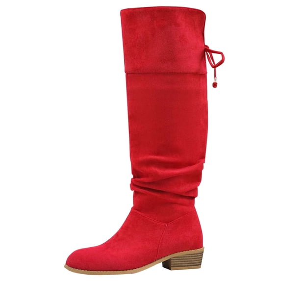 Red Women'S Fashion Winter Knee High Boots Casual Back Strap Thick Heel Pleated Suede Comfortable Outdoor Shoes Size 36 Foot Length 9.06In