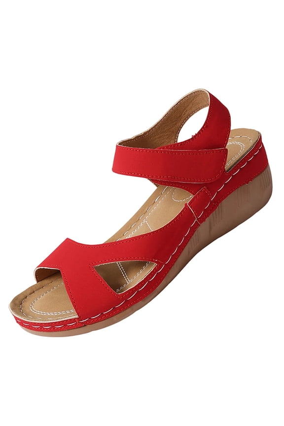 Red Ladies Casual Wedge Heel Open Toe Beach Sandals Thick Sole With Adjustable Strap For Summer Outdoor Use