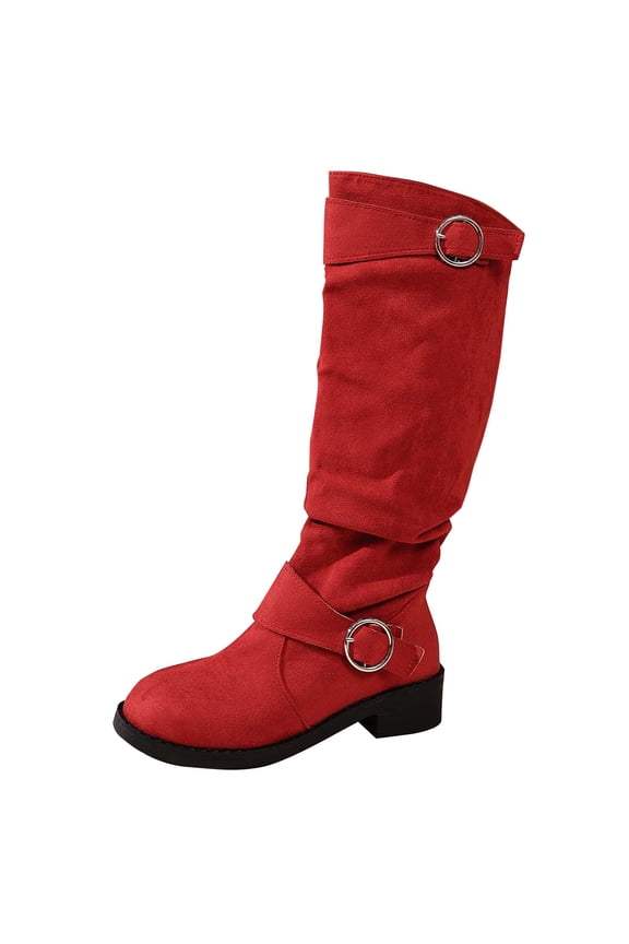 Red Ladies Fashion Boots With Suede And Belt Buckle For Height Boost Ideal For Outdoor Use