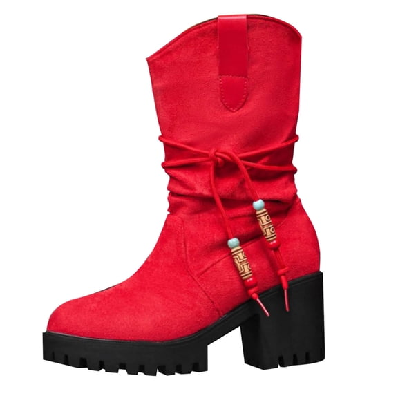 Red Ladies Fashion Suede Boots With Midsole And Round Toe For Versatile Styling In Winter