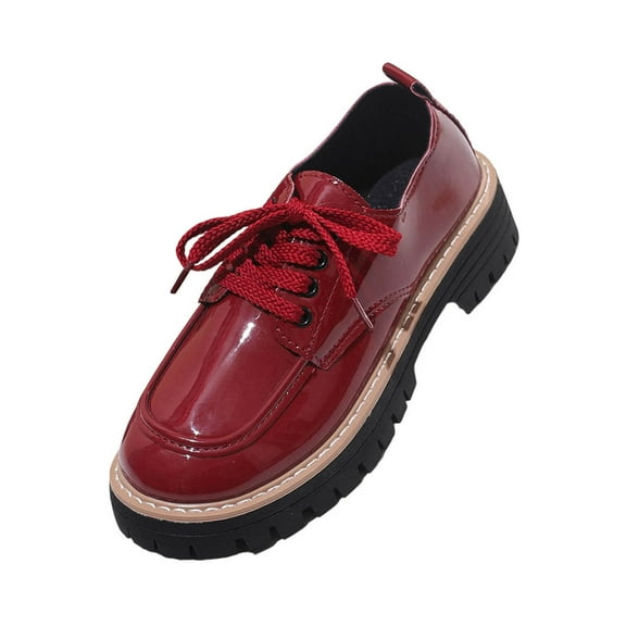 Red Ladies Fashionable Round Toe Shoes With Shiny Finish And Lace Up Closure For Comfortable Use In Summer And Fall