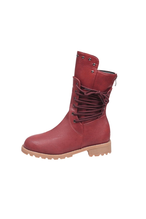 Red Mid Calf Boots For Women Low Heel Boots Back Lace Up Design Synthetic Leather Fall Winter Fashion Casual Plus Size Boots Size 36 Heel Height 1.97 Inches