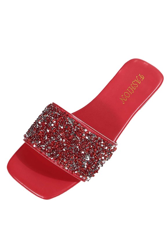 Red Ladies Shoes Slides Square Toe Rhinestone Sequin Single Strap Soft Flat Comfortable Footwear For Outdoor Casual Daily Wear In All Seasons Size 38