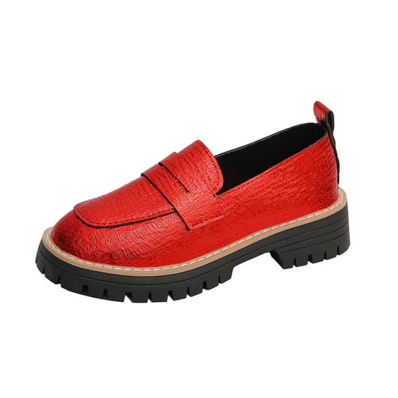Red Ladies Slip-On Casual Loafers Featuring Bow Embellishment Round Toe Thick Platform Mid Heel Flats For Casual Occasions