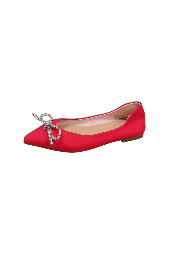 Red Ladies Soft-Sole Flat Rhinestone Flats Pointed-Toe Spring Style Casual Fashionable Shoes