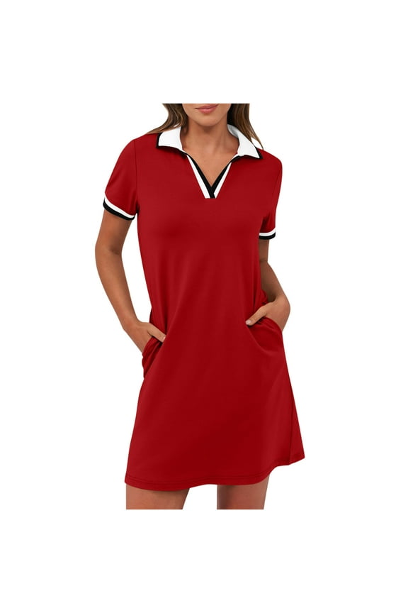 Red Ladies Sport Gym Tennis Golf Casual Jogger Short Sleeve Dresses for Women Vneck Midi Mini Little Knee Length Shirt Plain Fall Summer Dresses 2025 M