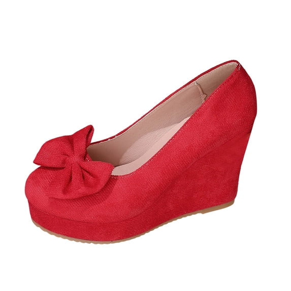 Red Ladies Spring Bow Round Toe High Heel Low Block Heel Platform Solid Color Comfortable Shoes