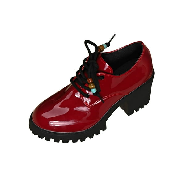 Red Ladies Stylish Round Toe Tie Thick Heel Low Cut Sponge Sole British Large Size Leather Shoes For Leisure And Comfort