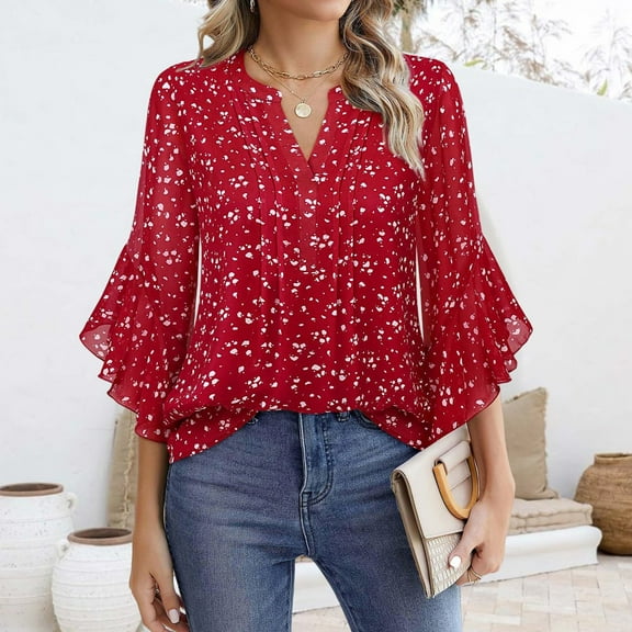 Red Ladies Tops and Blouses Women's 3/4 Sleeve Tops Casual Business Work Blouses Chiffon Shirts