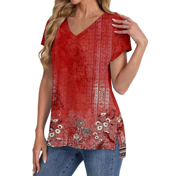 Red Ladies Tops and Blouses Womens Summer Daily Casual V Neck Shirts Short Sleeve Tops Blouses Loose Fit Shirt