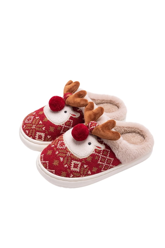 Red Ladies Trendy Casual Cold Weather Soft Heavy Bottom Cute Reindeer Print Cozy Pair House Mules With Anti-Skid Sole For Easy Wear