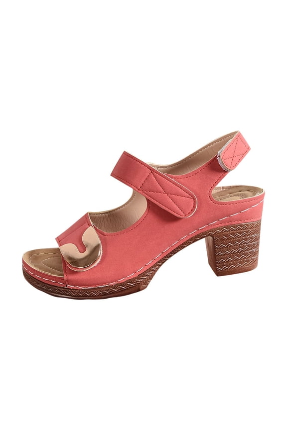 Red Ladies Versatile Metal Buckle Peep Toe Sandals With Comfortable Thick Heel High Heel Suitable For Spring Summer Seasons Outdoor Activities