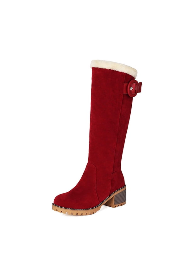 Red Women'S Round Toe Snow Boots With Belt Buckle Detail Side Zipper Closure Thick Platform Sole Chunky Heel Warm Lined Casual Winter Boots 2.09 Lb