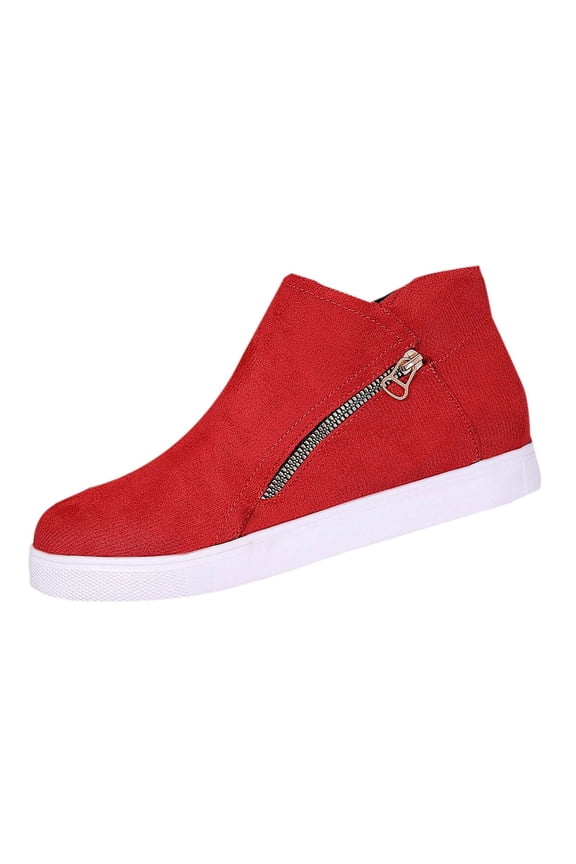 Red Ladies Winter Side Zipper Ankle Boots Round Toe Flat Short Boots Solid Color Casual Comfortable Slip On Booties For Women