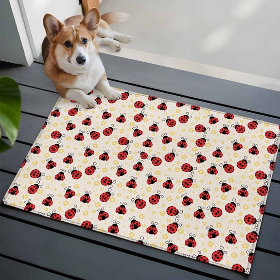 Red Ladybug 2x3 Area Rugs for Living Room, Yellow Daisy Floral Insects Pastoral Style Linen Texture Non Slip Floor Mat Washable Low-Profile Indoor Carpet for Bedroom, Dining Room, Bathroom