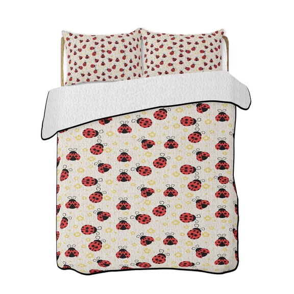 Red Ladybug 3 Piece Quilt Bedding Set with 2 Pillow Shams, Yellow Daisy Floral Insects Pastoral Style Linen Texture Lightweight Bedspread Coverlet, Soft Breathable All Season Quilt, 96 x 106 Inch