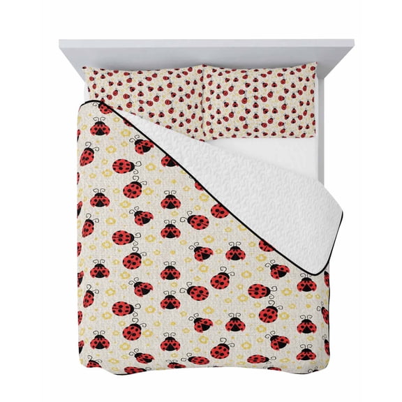 Red Ladybug 3 Piece Quilt Set King Size, Yellow Daisy Floral Insects Pastoral Style Linen Texture Soft Bedspread Coverlet Bedding Set Microfiber Comforter Set with 2 Pillowcases for Bedroom