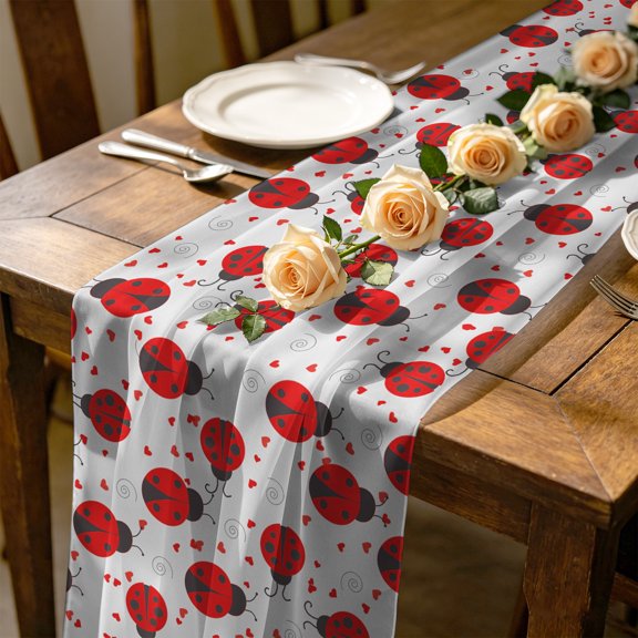 Red Ladybug 4.5 ft Cheesecloth Table Runner for Wedding 19"x55", Cartoon Insects Animal Love White Background Kitchen Dinner Sheer Tulle Chiffon Dresser Scarf, Holiday Party Decorations