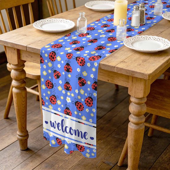 Red Ladybug 4.5ft Cheesecloth Table Runner for Wedding 19"x55", Welcome Insects Yellow Daisy Floral Pastoral Style Blue Kitchen Dinner Sheer Tulle Chiffon Dresser Scarf, Holiday Party Decorations