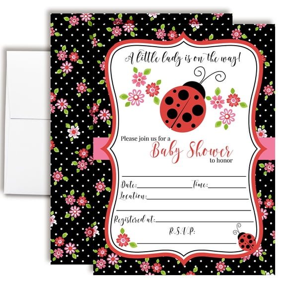 Red Ladybug Baby Shower Invitations, 20 Fill-In Cards with Envelopes, 5x7 Baby Shower Invites & Supplies, New Baby Celebration Cards, Made in USA by Amanda Creation