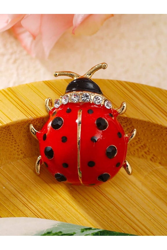 Red Ladybug Brooch With Crystal Accents, Fashionable Insect Lapel Pin For Women