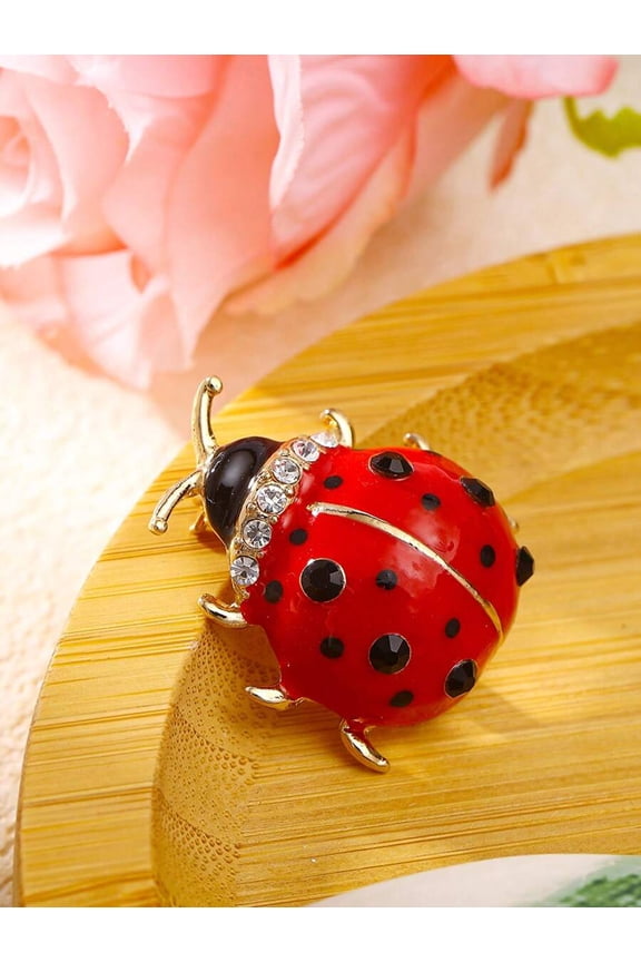 Red Ladybug Brooch With Rhinestone Accents, Fashionable Insect-Shaped Pin For Women