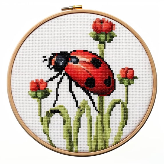 Red Ladybug DIY Stamped Cross Stitch Kits for Beginners Easy with Hoop 11CT Needlepoint Embroidery Counted Cross Stitch Kits Art Craft Wall Decoration 30x30cm(4)