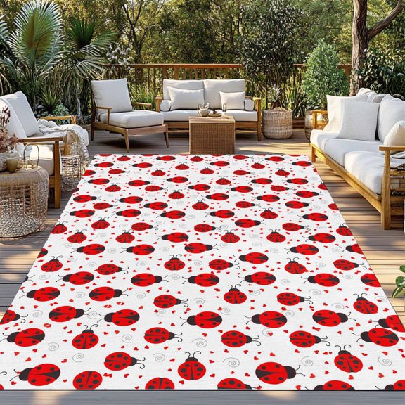Red Ladybug Indoor Outdoor Rugs 3x5 Ft, Cartoon Insects Animal Love White Background Outdoor Patio Rugs Mat Washable Outside Area Rugs Carpet for Porch Deck RV Camping Pool Balcony Backyard
