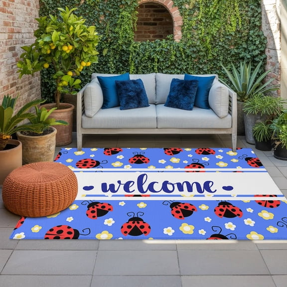 Red Ladybug Indoor Outdoor Rugs 3x5 Ft, Welcome Insects Yellow Daisy Floral Pastoral Style Blue Outdoor Patio Rugs Mat Washable Outside Area Rugs Carpet for Porch Deck RV Camping Balcony Backyard