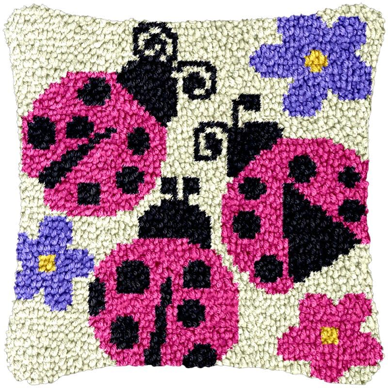 Red Ladybug Latch Hook Pillow Cover Kits for DIY Handmade Throw Pillow Cross Stitch Latch Hook Pillowcase Rug Cushion Kits with Preprinted Canvas Crochet Yarn Kits Needlework 17'' X 17''