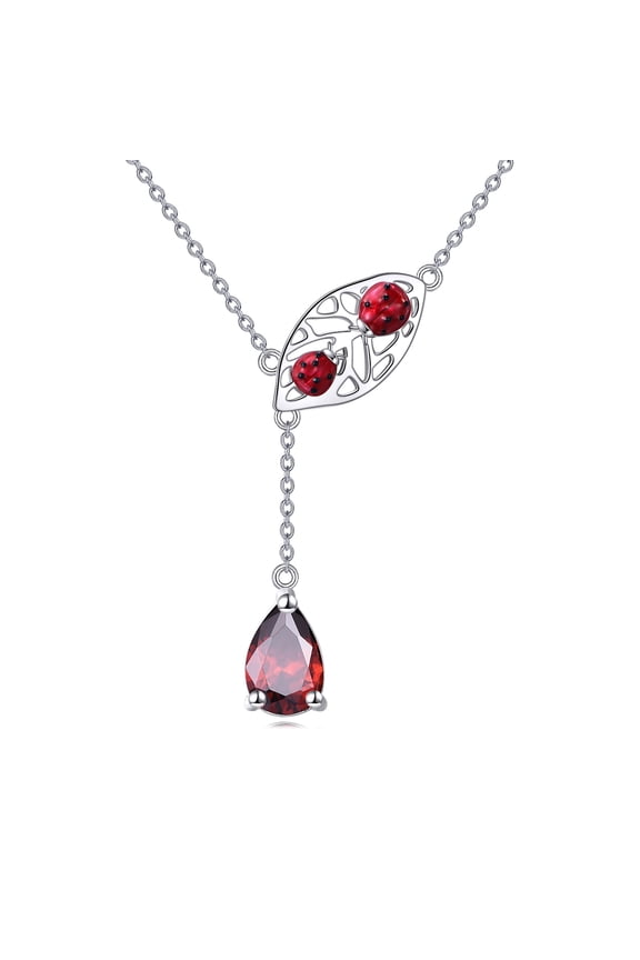 Red Ladybug Leaf Necklace Sterling Silver Red Zircon Gemstone Jewelry Y necklac for Women