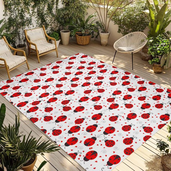 Red Ladybug Outdoor Rug, Cartoon Insects Animal Love White Background Non-Slip Area Rugs Carpet Breathable Large Floor Mat for Outdoors Patio Porch Deck Beach 6’ x 9’