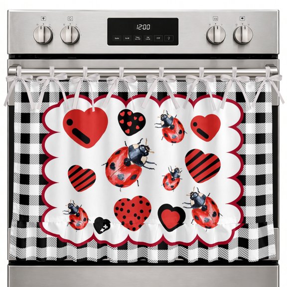 Red Ladybug Oven Curtain with Tie Top, Heart Motifs Black White Plaid Rustic Country Farmhouse Oven Skirt Curtains with Tie Top Cabinet Cover Curtain for Small Kitchen Apartment Decor 30x21.5 Inches