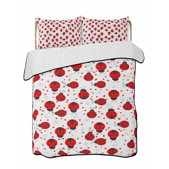 Red Ladybug Quilts Bedding Set Twin Size Cartoon Insects Animal Love White Background Lightweight Quilted Bedspread 3 Piece Bed Quilt with 2 Pillow Shams All Season for Bedroom 68" x 86"
