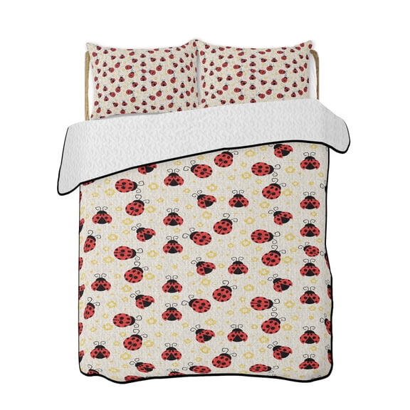 Red Ladybug Quilts Bedding Set Twin Size Yellow Daisy Floral Insects Pastoral Style Linen Texture Lightweight Quilted Bedspread 3 Piece Bed Quilt with 2 Pillow Shams All Season for Bedroom 68" x 86"