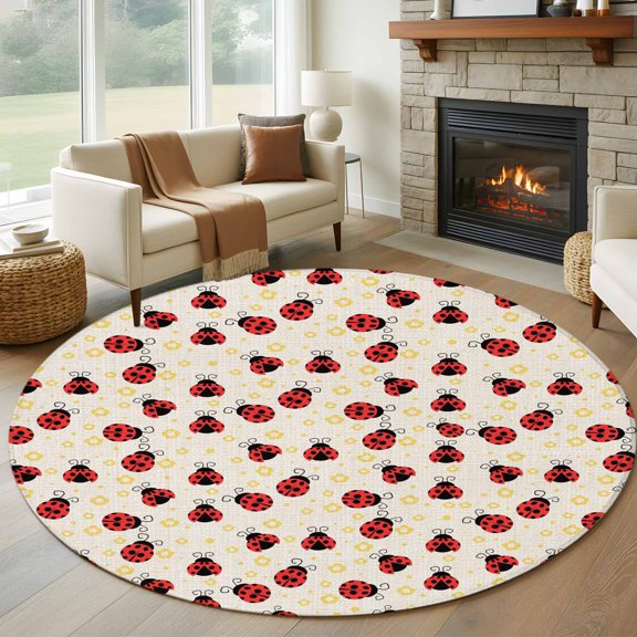 Red Ladybug Round Rugs for Living Room 7ft Yellow Daisy Floral Insects Pastoral Style Linen Texture Non Slip Circle Rug Washable Low-Profile Indoor Carpet for Bedroom, Dining Room, Bathroom